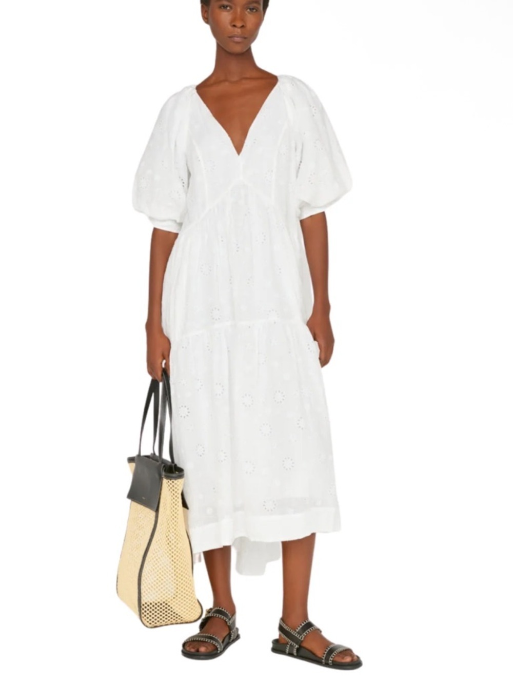 Frame White Eyelet Maxi Dress with Puff Sleeves cotton peasant $568 NWT L